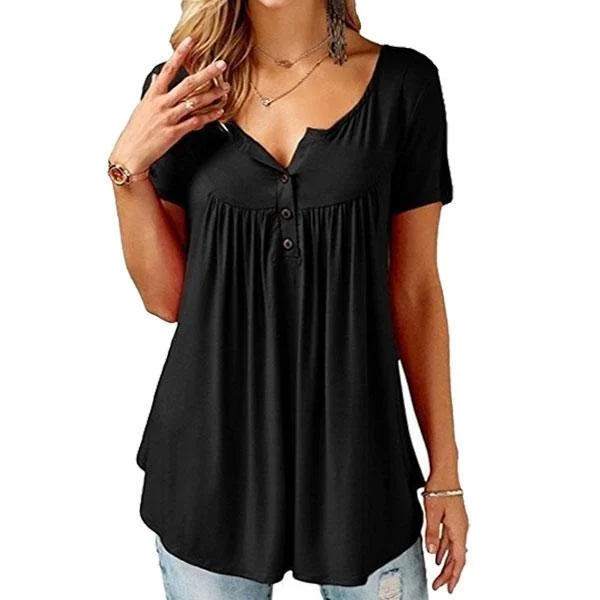 Women Plain Ruched Short Sleeve Button Casual Casual Vest Tank T-Shirt Tops