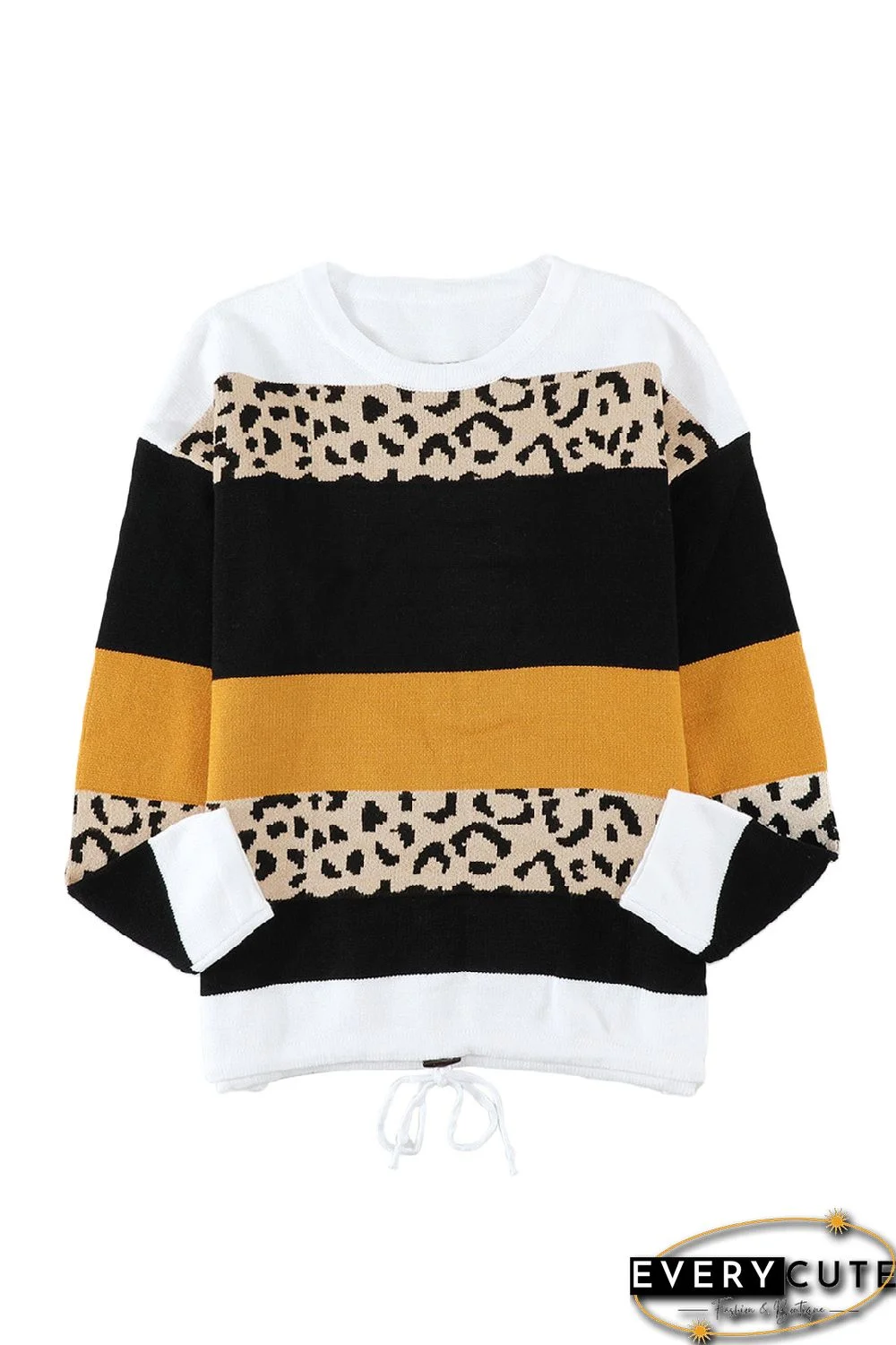 Orange Crewneck Leopard Color Block Knit Pullover Sweater