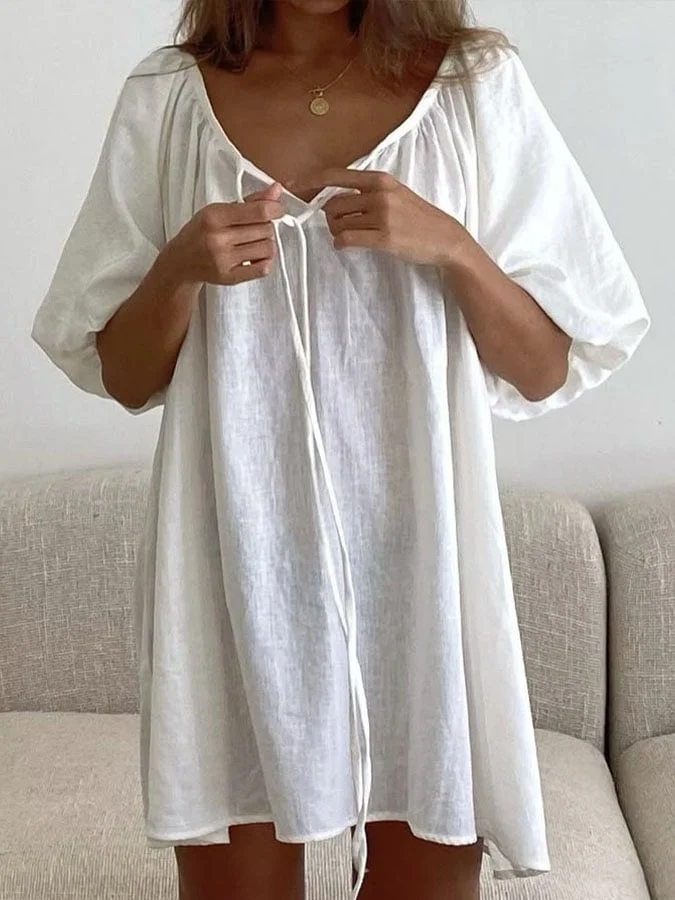 Women's Casual Solid Color V-Neck Mid Sleeve Dress