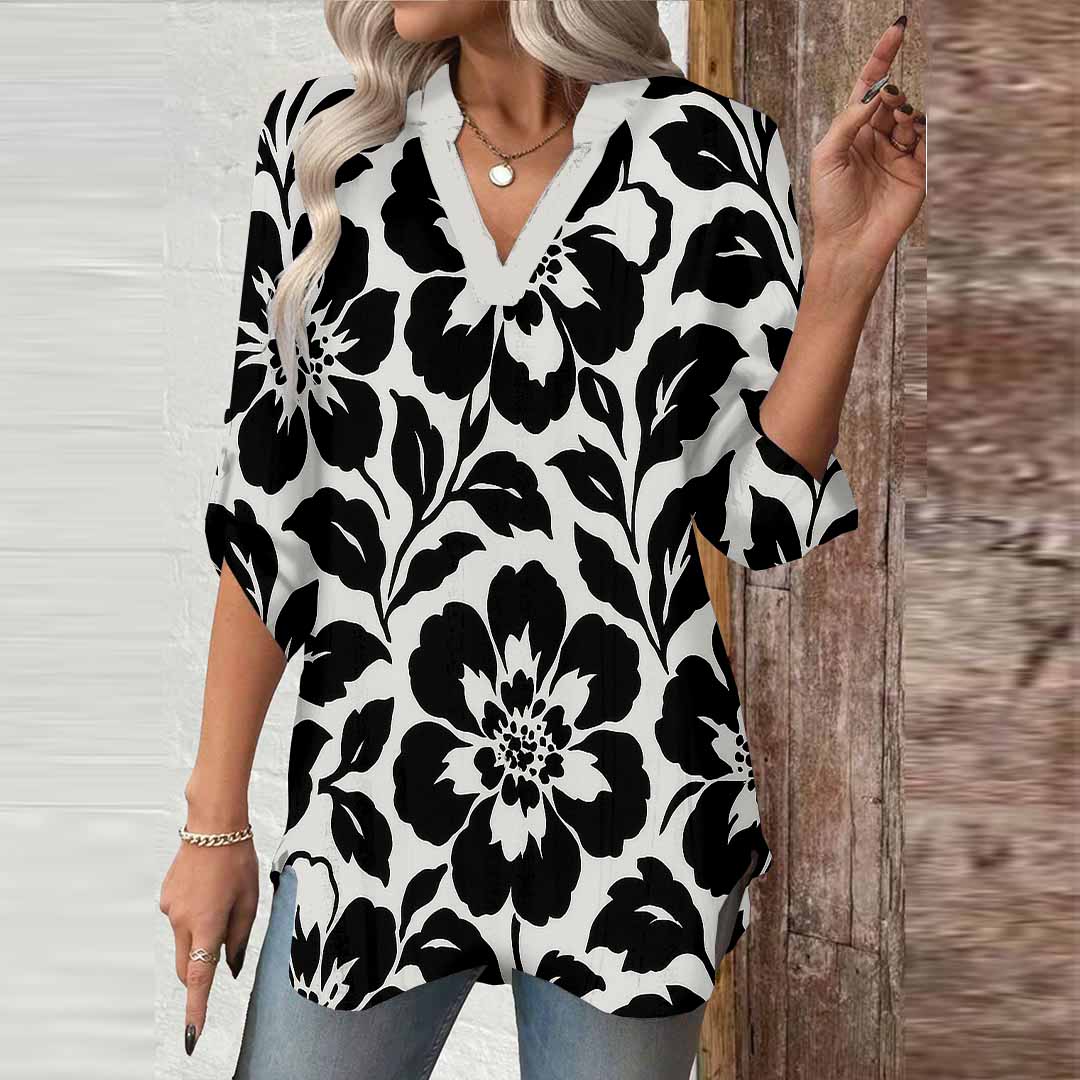 Women Floral, Black, White DZGA0136 3/4 Sleeve V-neck Printed Graphic Button Tops