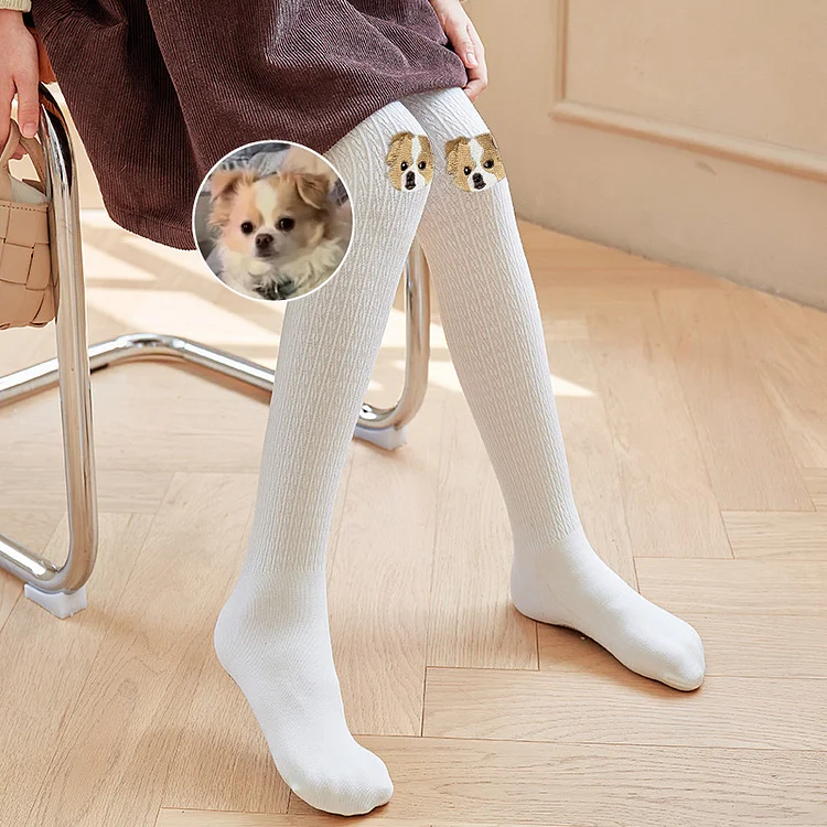 Custom Pet Face Full Color Embroidered Tights Warm Stretch Stockings For Girl