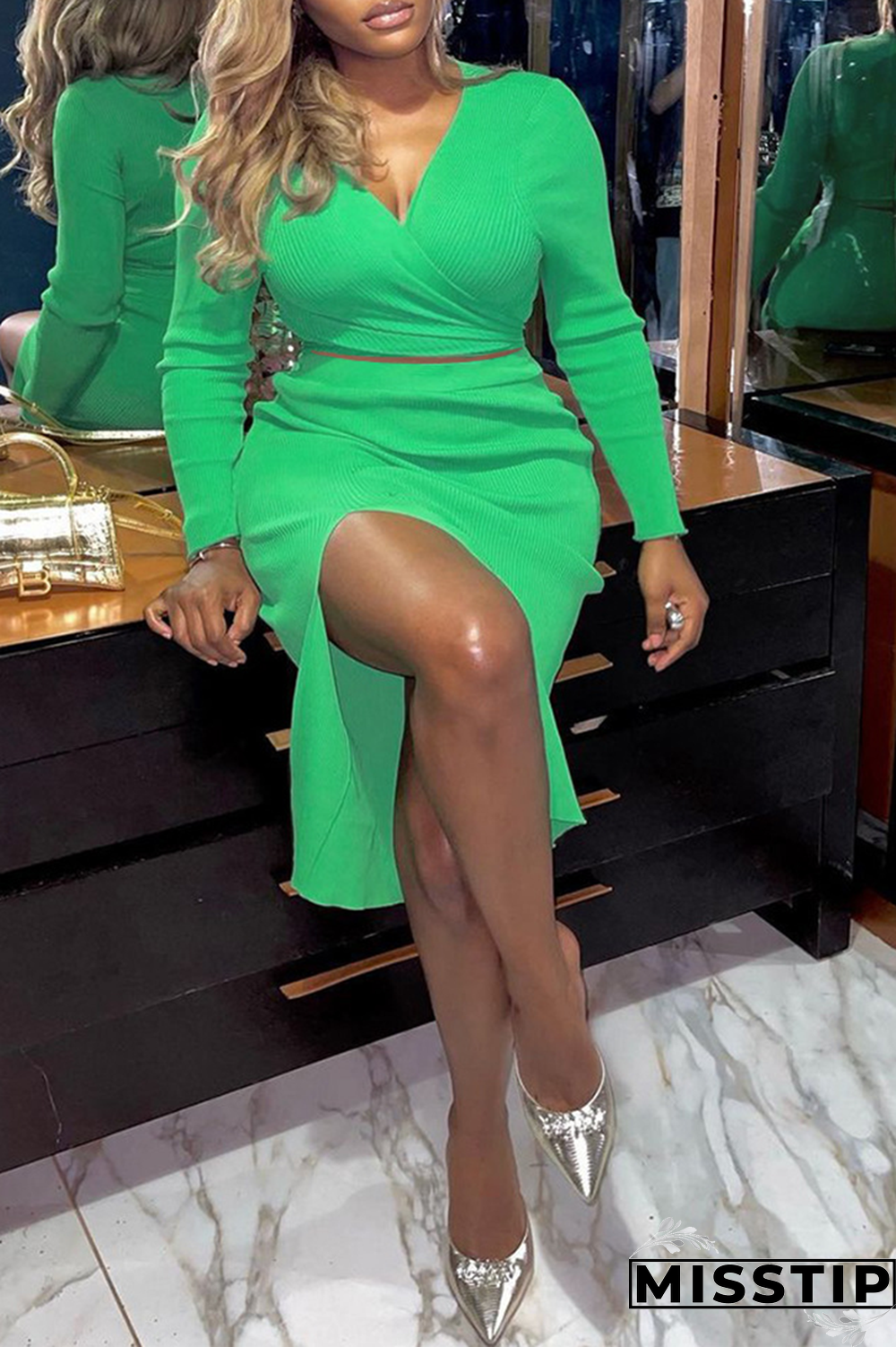Green Sexy Solid Patchwork V Neck Irregular Dress Dresses