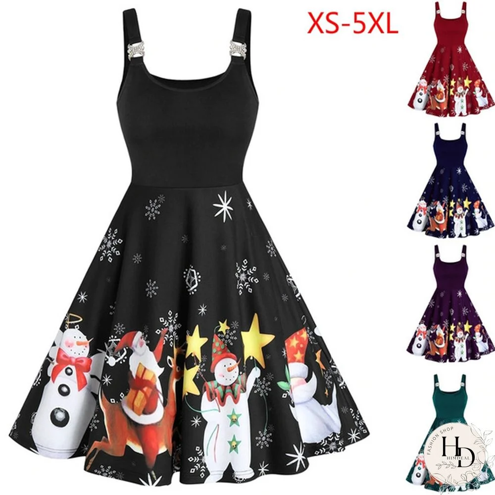 Women's Fashion Christmas Santa Claus Snowman Print Sleeveless Scoop Neck Dress