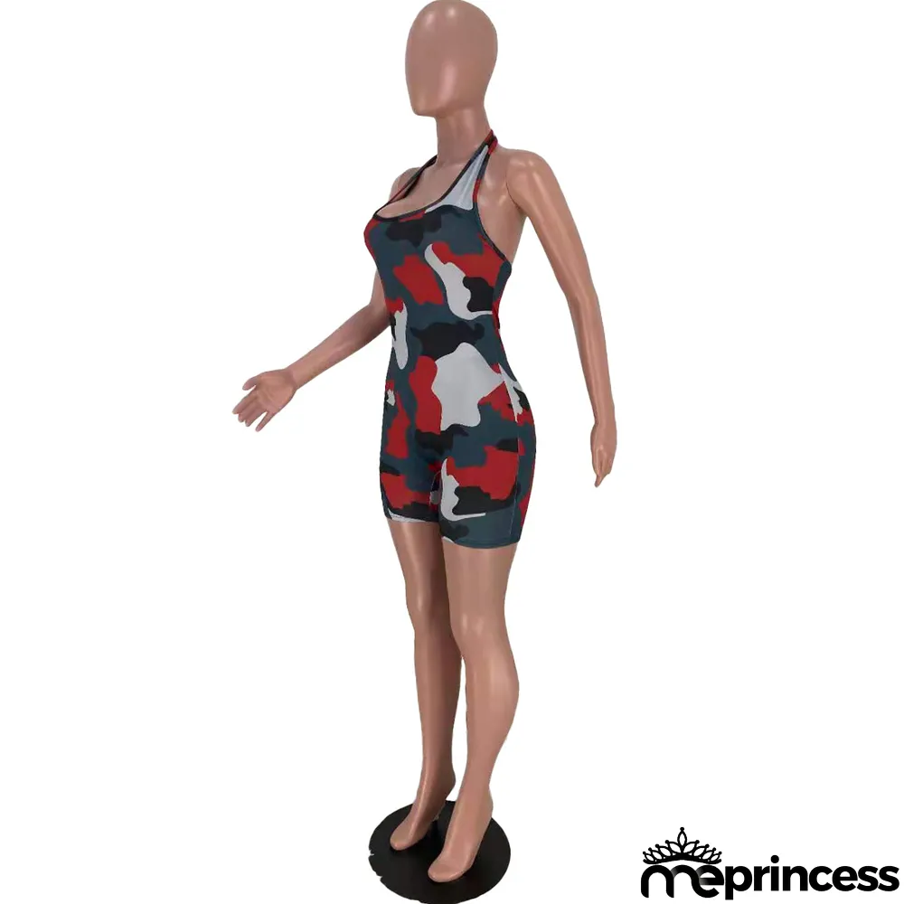 Camouflage Printed Hanging Neck Sexy Casual Rompers