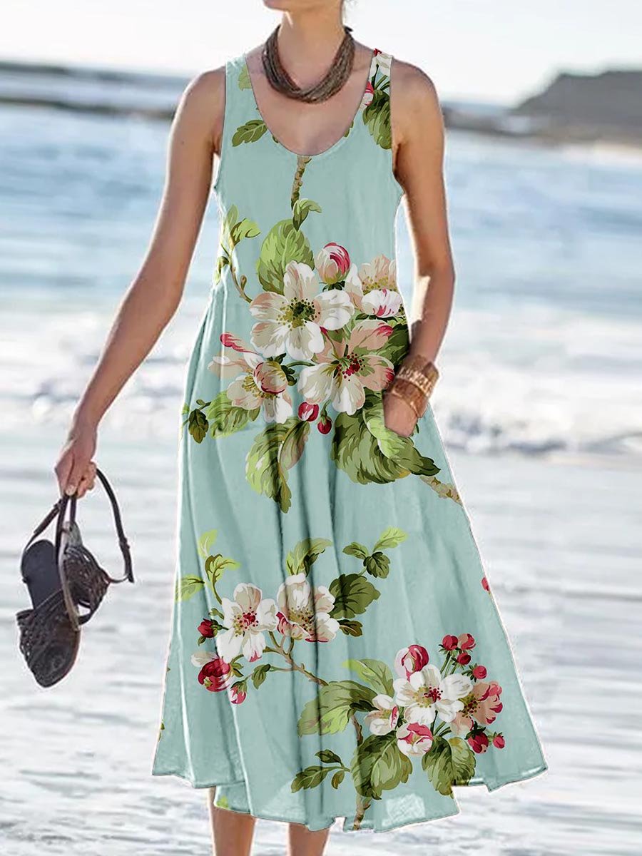 Women's Floral Print Resort Tank Top Dress with Pockets
