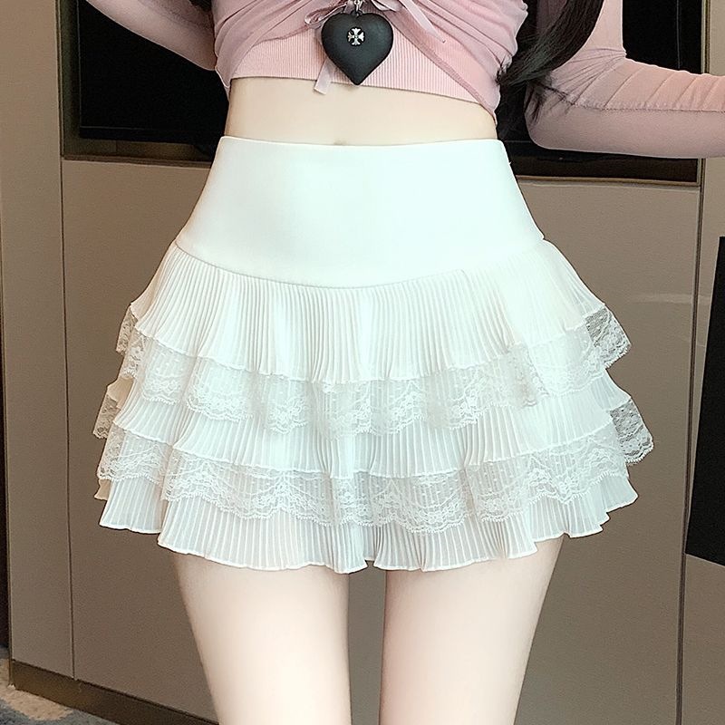 Tiered Lace Pleated Mini Skirt