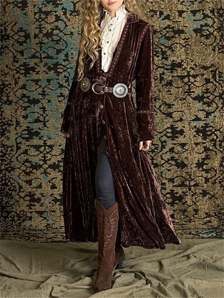 Vintage Long Sleeve Front Opened Trim Decor Velvet Trench Coat