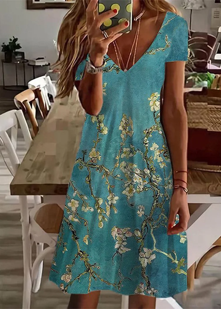 Print V Neck Short Sleeve Dress