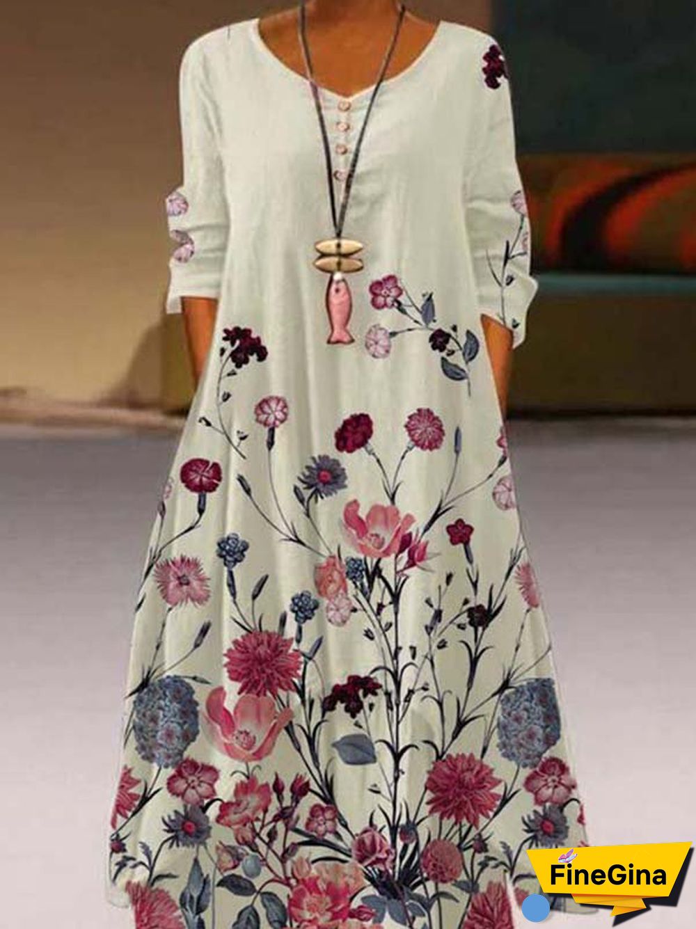 Floral-Print Crew Neck Casual 3/4 Sleeve Weaving Dress