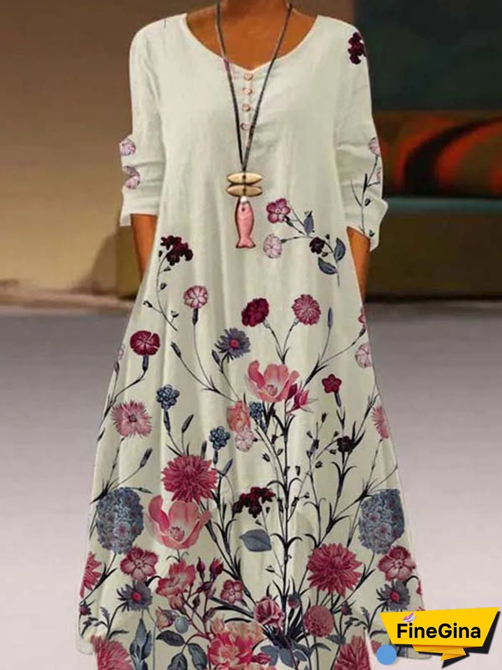 Floral-Print Crew Neck Casual 3/4 Sleeve Weaving Dress