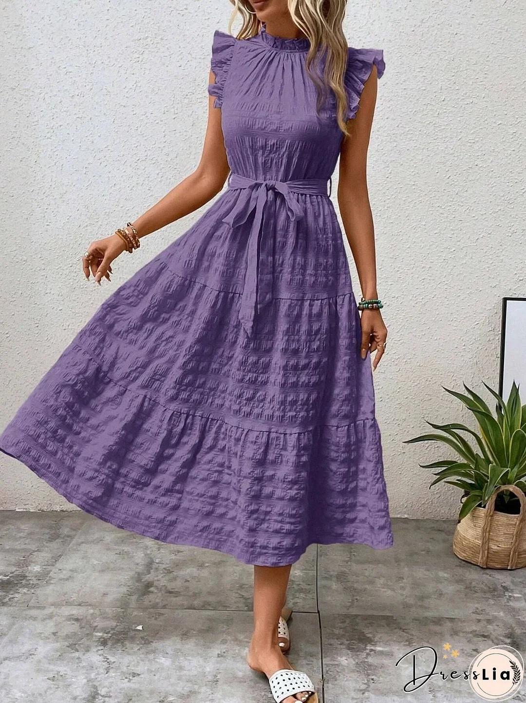 Tied Ruffled Cap Sleeve Midi Dress