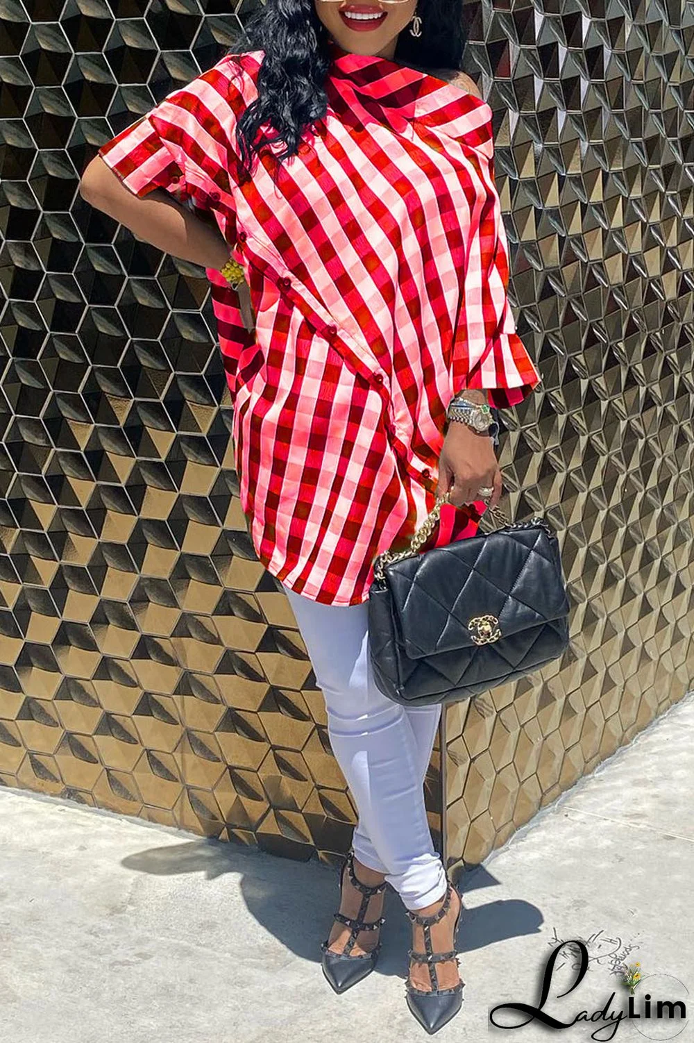 Black Casual Plaid Print Patchwork Asymmetrical Oblique Collar Tops