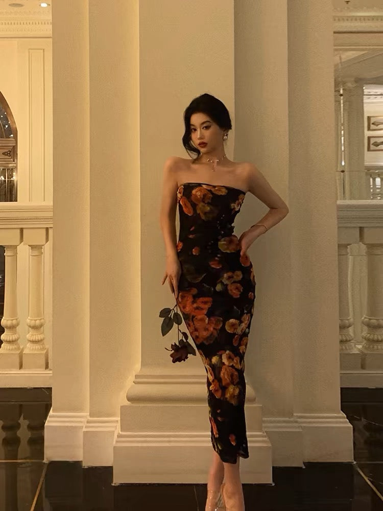 Aiertu - Sexy Sheath Strapless Black Floral Prom Dresses Birthday Outfits Evening Gown HOT936 Aiertu