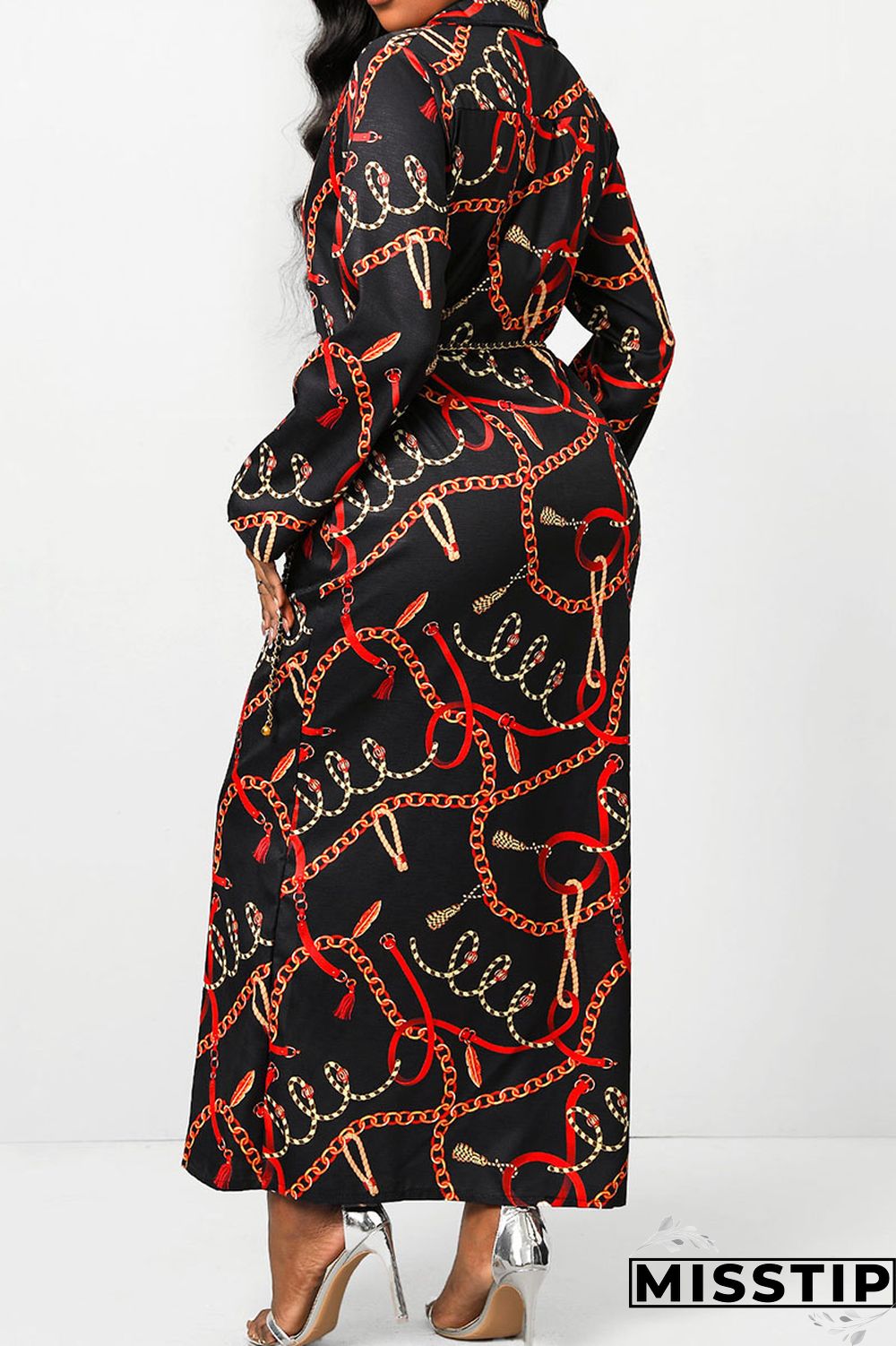 Black Casual Print Patchwork Buckle Without Belt Turndown Collar Straight Dresses