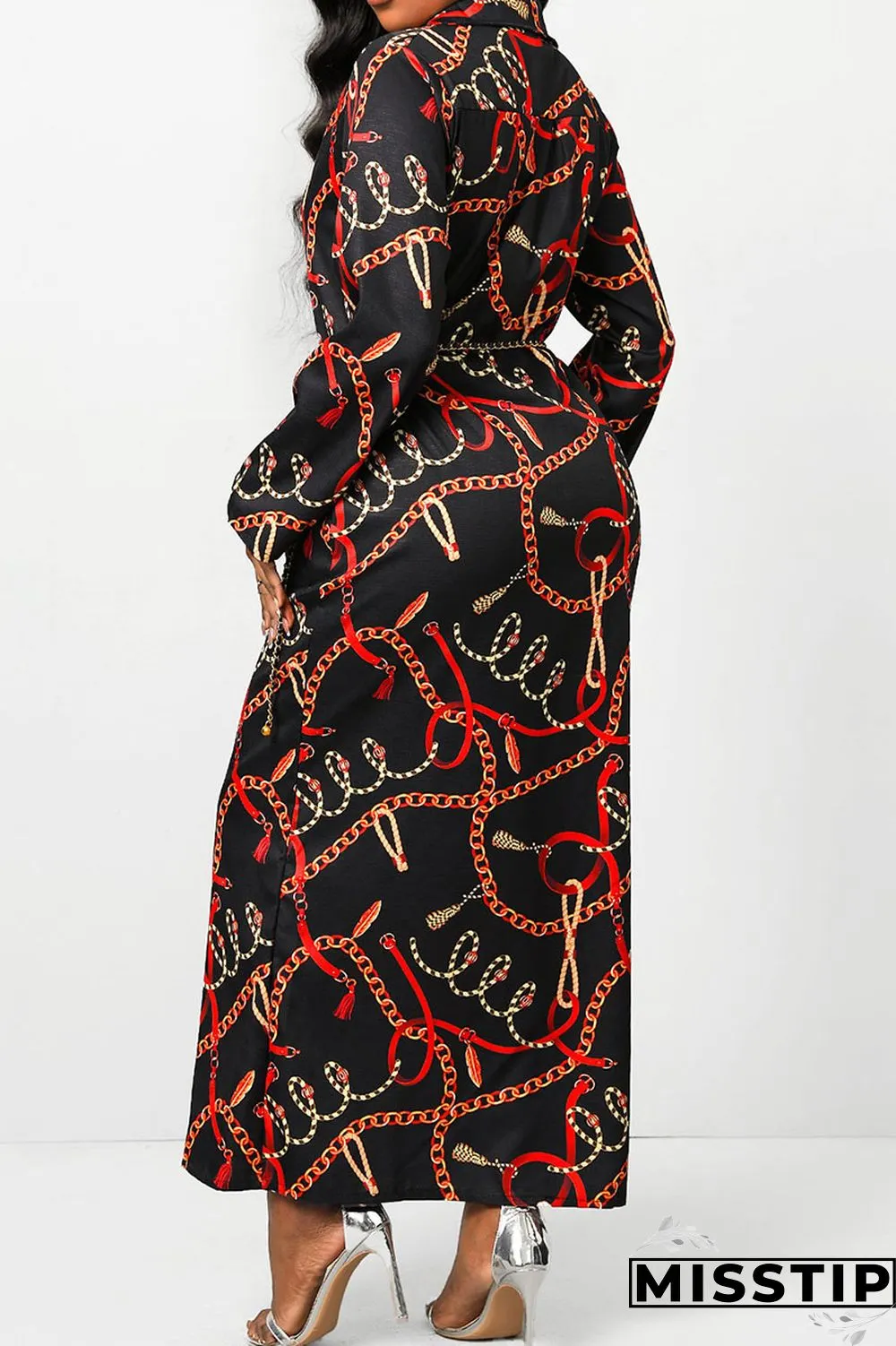 Black Casual Print Patchwork Buckle Without Belt Turndown Collar Straight Dresses
