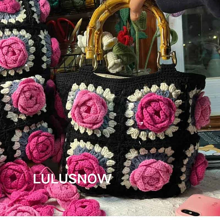 Lulusnow Handmade Pink 3D Camellia Granny Square, Floral Elegance Small Crochet Purse, Handmade Crochet Bag with Bamboo Handles Crochet Hand Bag