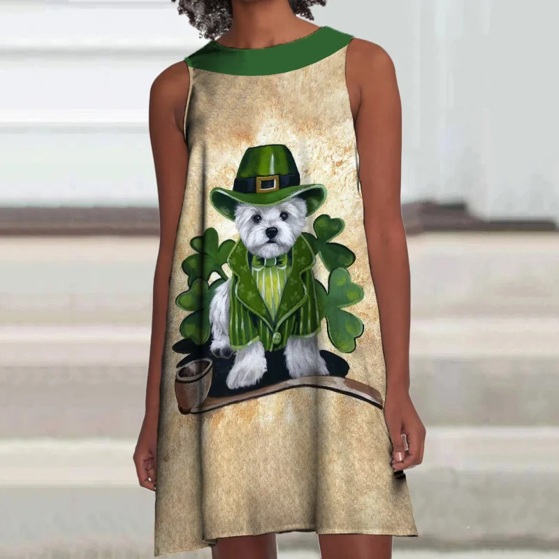 St. Patrick's Day Dog Print Midi Dress