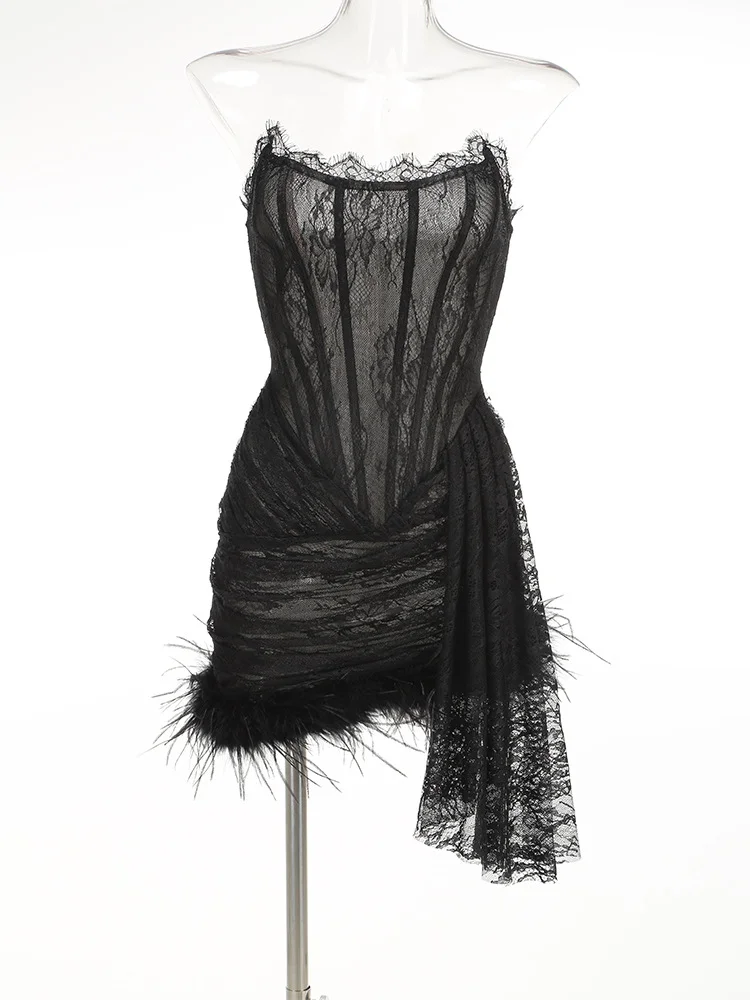 Brownm High-End Women's Sexy Lace Perspective Spliced Feather Girded Boobs Elegant Temperament Dress Dress