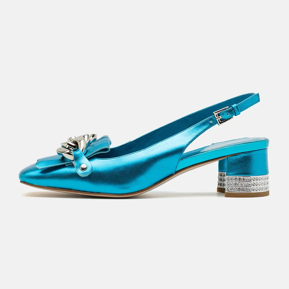 Blue Metallic Square Toe Slingback Rhinestone Fringe Chain Pumps Shoes
