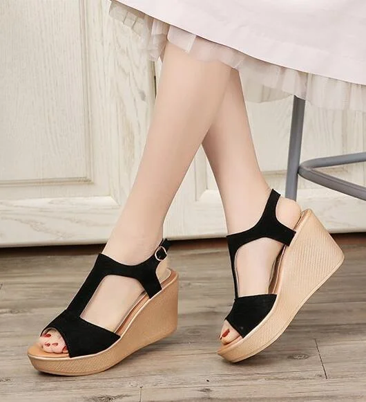 2020 Women Ladies Women Fish Mouth Non-slip Platform Slope High Heels Sandals Buckle Strap Sandals Outdoor Style for Women