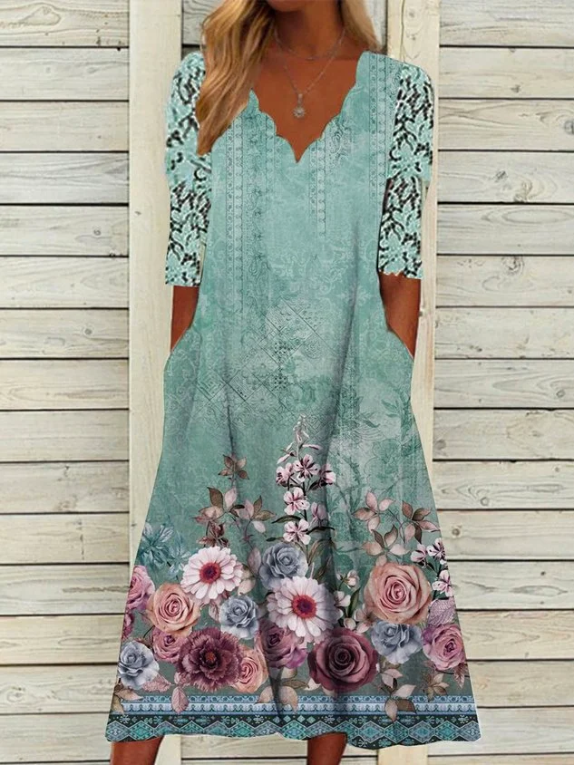 Casual Green Floral V Neck Loose beach dresses