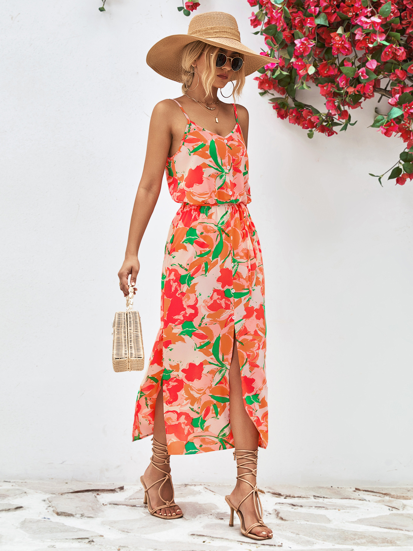 Women's Floral Casual Sleeveless Button Holiday V Neck Boho Chic Elegant Midi Dress