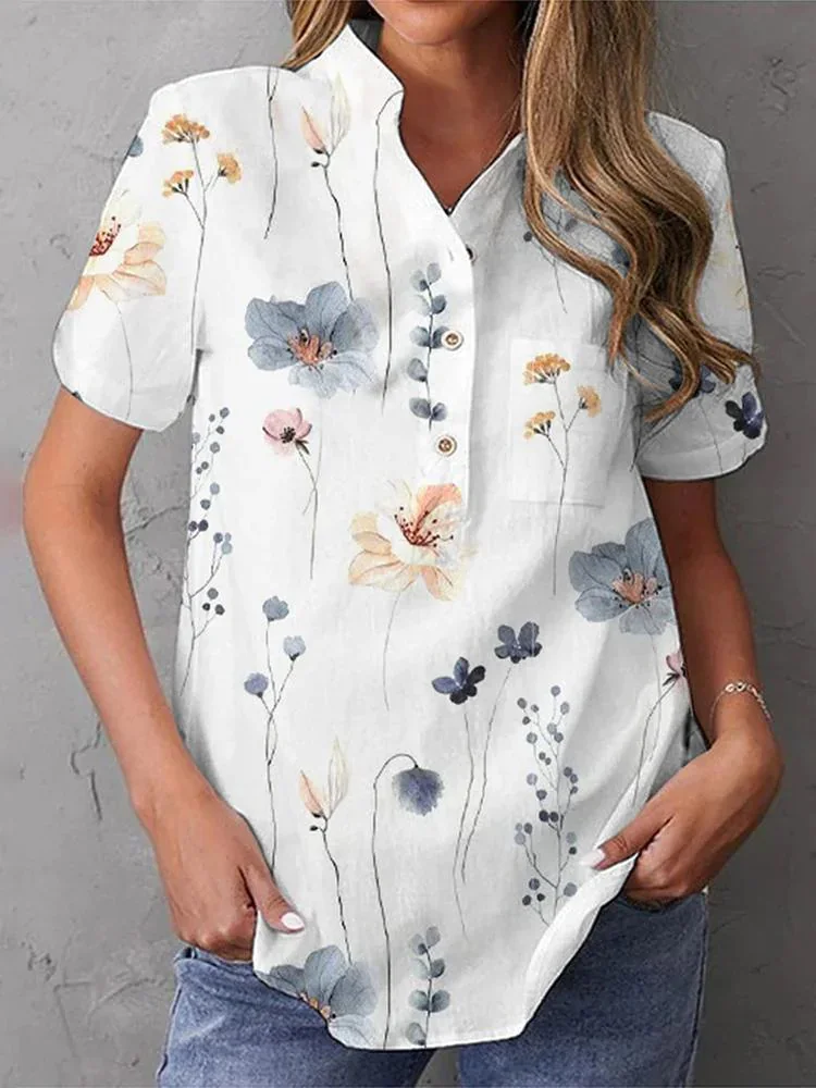 Comstylish Elegant Flowers Print Short Sleeve Casual Shirt