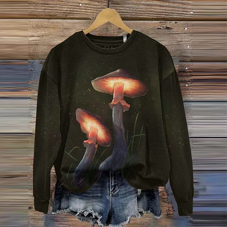 Comstylish Women Light Mushroom Print Casual Long Sleeve Sweatshirt