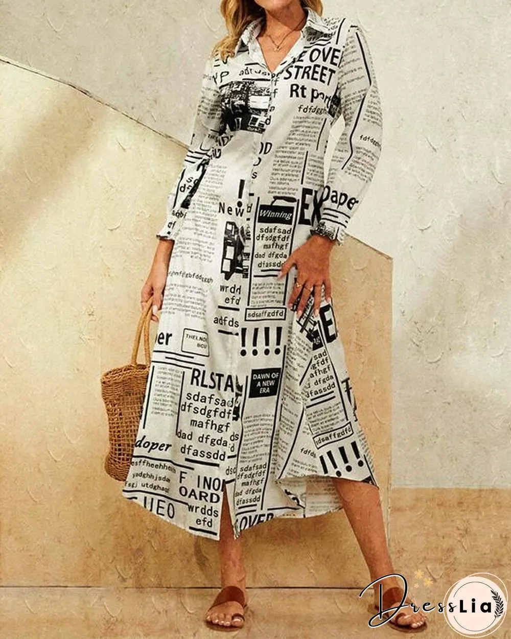 Leaves Print Lapel Button Long Sleeve Maxi Shirt Dress