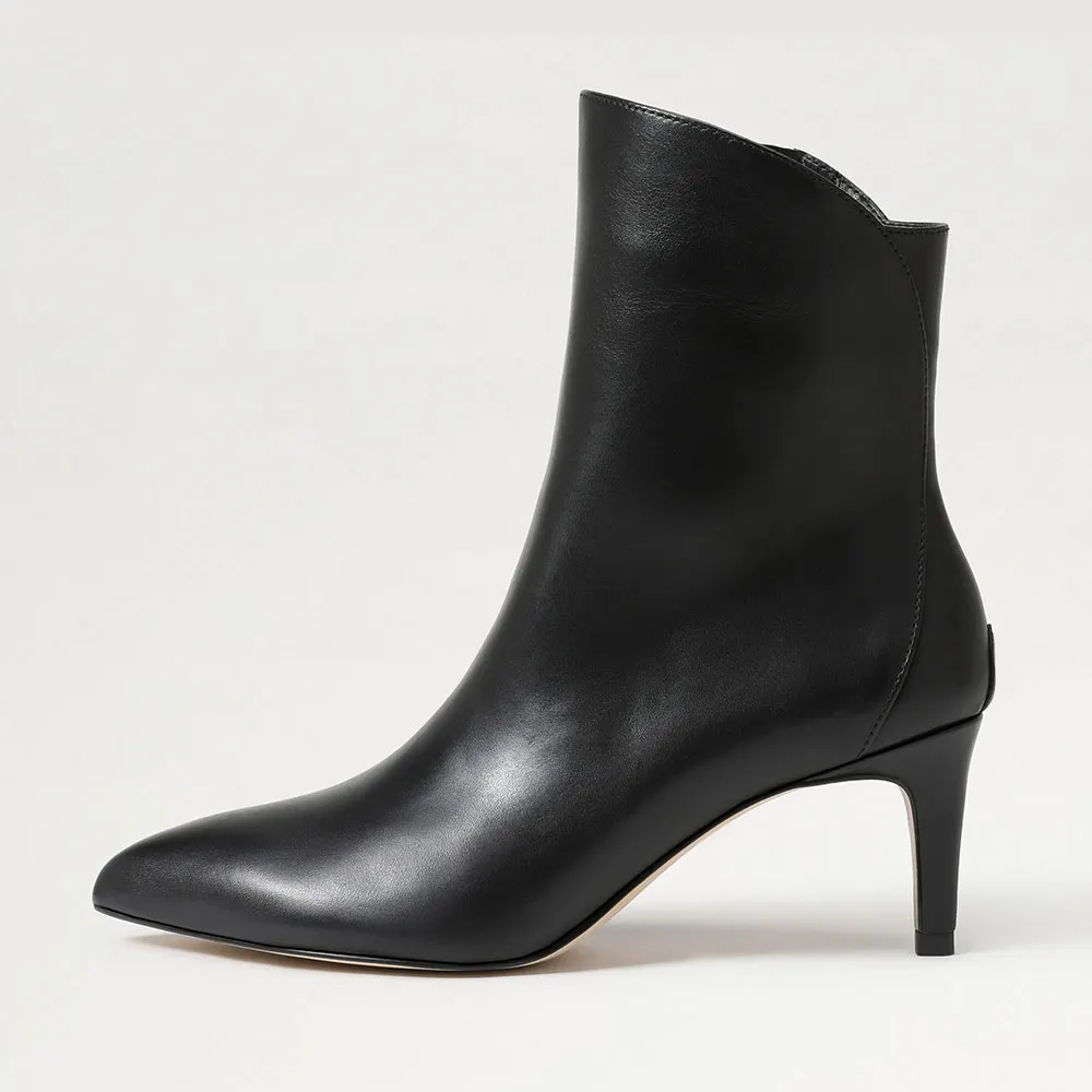 Faux Leather Pointed Toe Black Heel Booties with Side Zipper