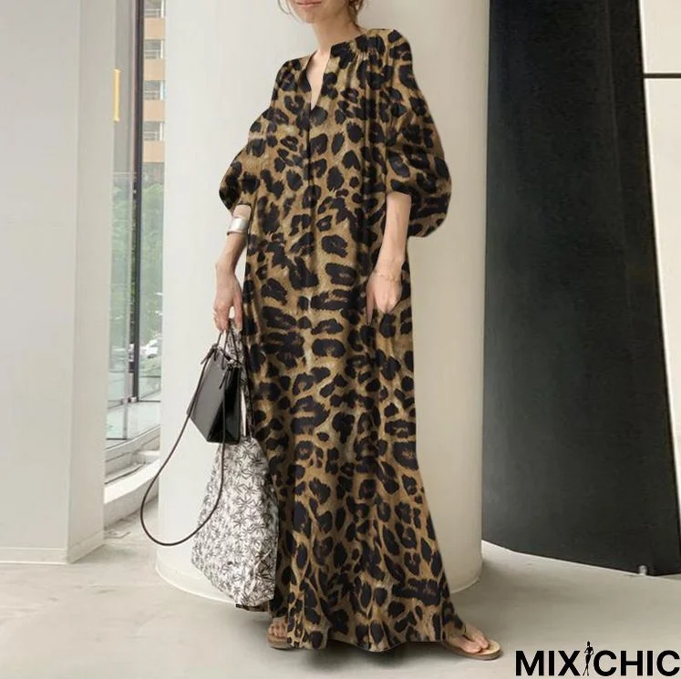 Leopard Print Stand Collar Bubble Sleeve Fashion Loose Casual Shirt Dress Black Dresses