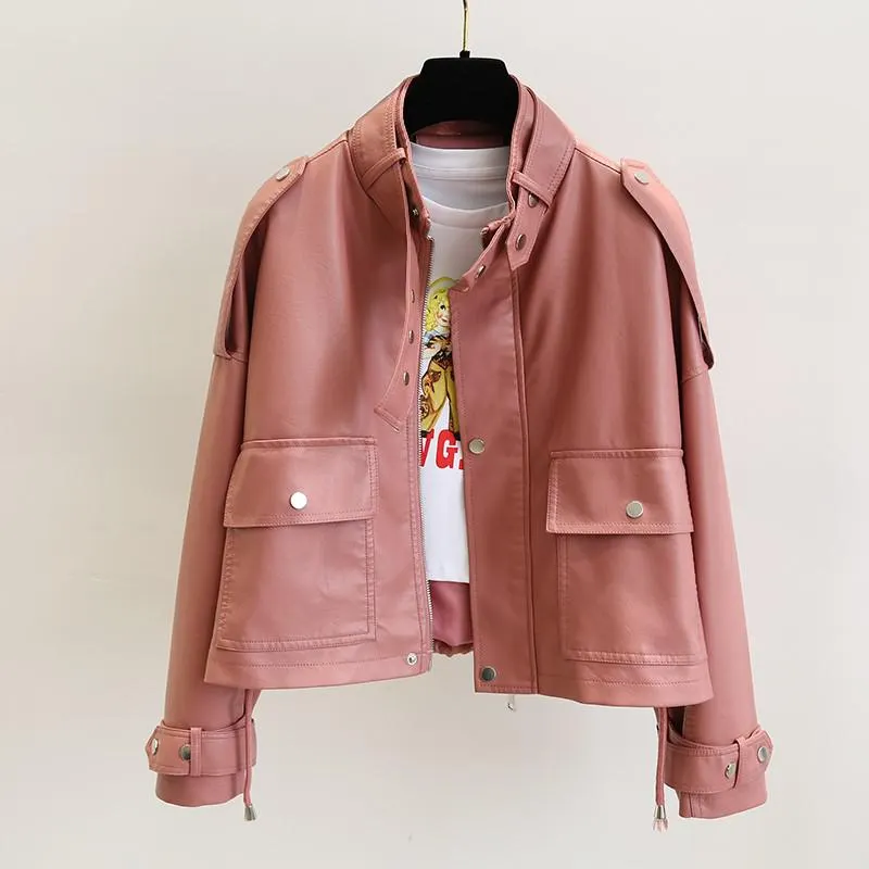 Ailegogo 2021 New Autumn Women Streetwear Pink Pu Faux Soft Leather Jacket Casual Female Motorcycle Biker Zipper Big Pocket Coat