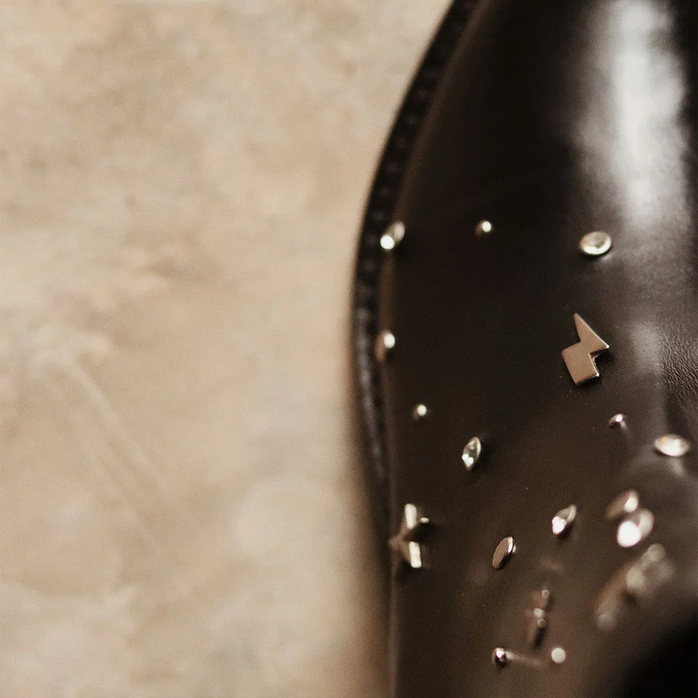 Studded Block Heel Snip Toe Black Western Ankle Boots for Women