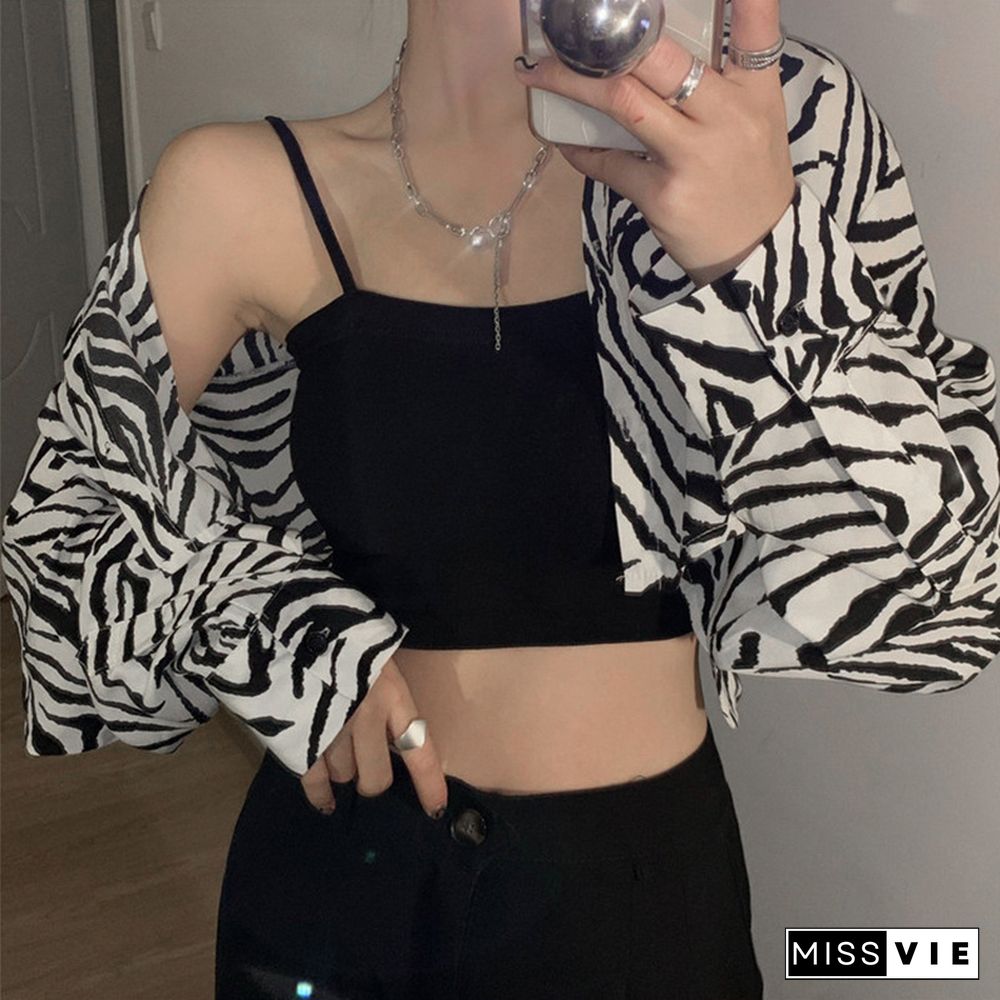 Striped Streetwear Korean Fashion Cropped Jackets Autumn Long Sleeve Turn Down Collar Bomber Jacket Womens Outwear