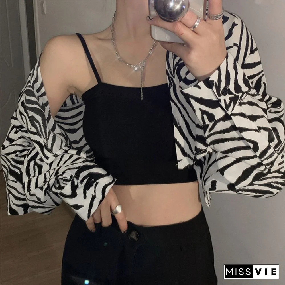 Striped Streetwear Korean Fashion Cropped Jackets Autumn Long Sleeve Turn Down Collar Bomber Jacket Womens Outwear