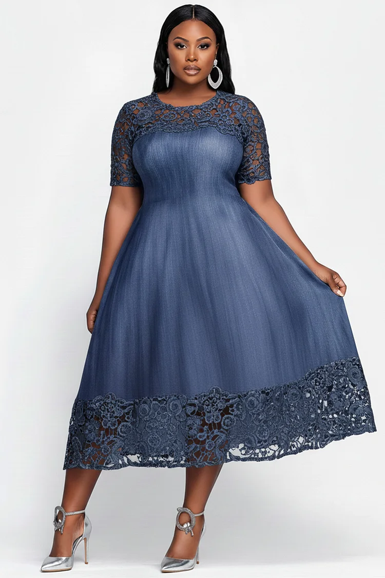 Xpluswear Design Plus Size Party Blue Round Neck Short Sleeve Contrast Pocket Tencel Denim Midi Dresses [Pre-Order] 2024 - Xpluswear