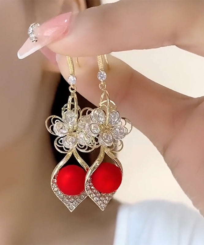 VCSHOES Red Sterling Silver Overgild Zircon Floral Drop Earrings