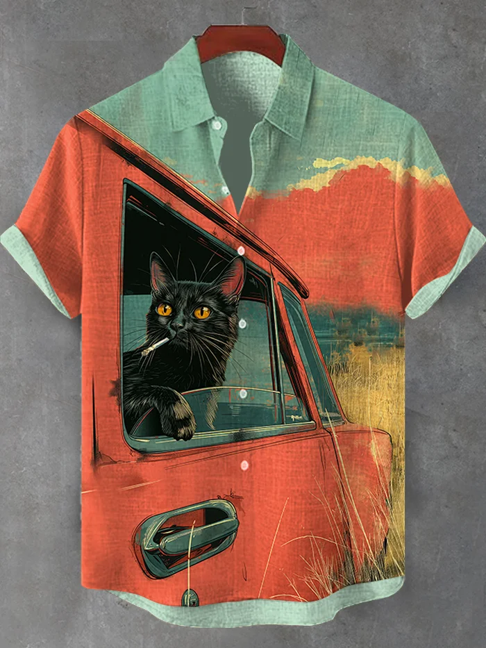 Men's Fun Western Driving Smoking Black Cat Art Casual Shirt