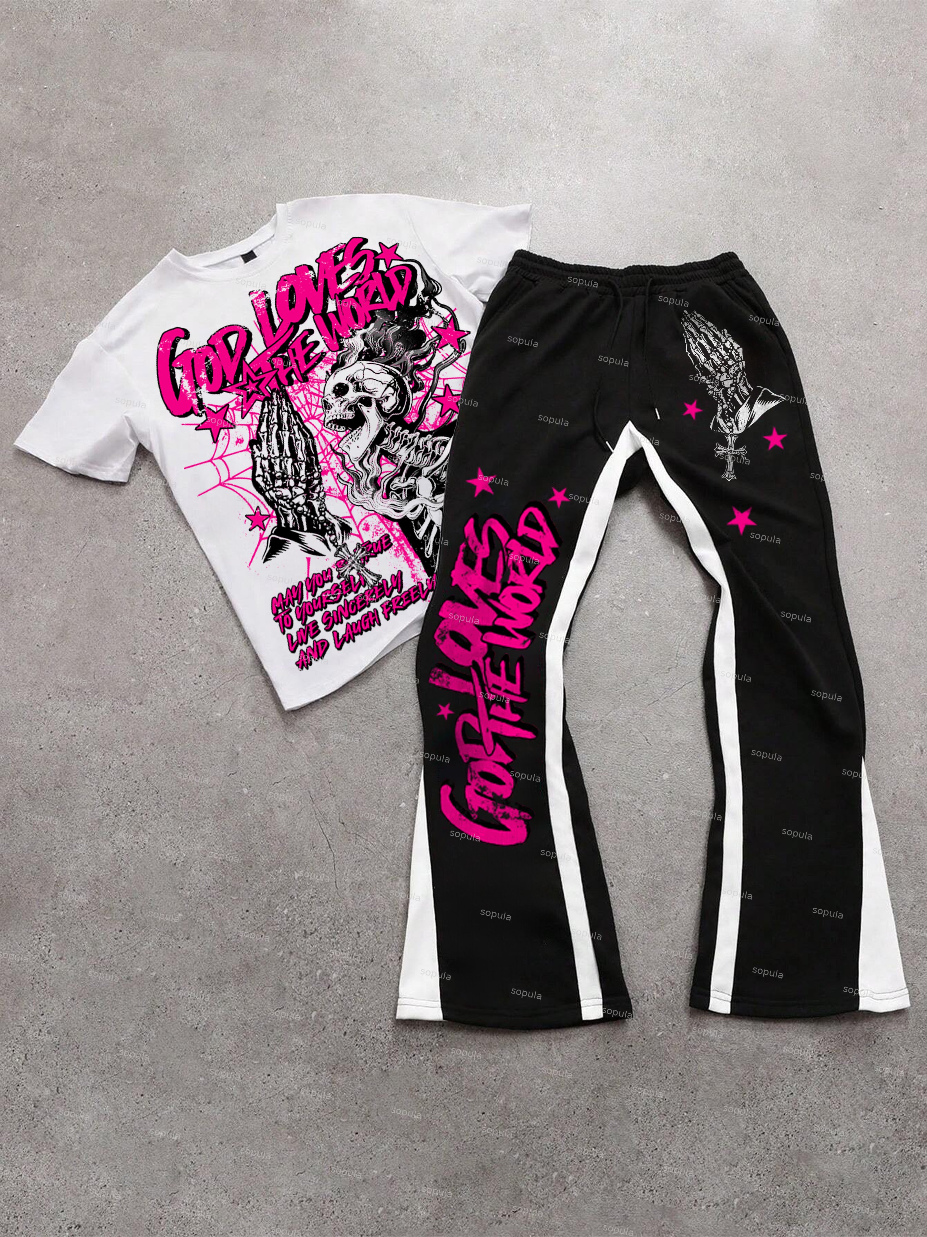 Street God Loves The World Graphic T-shirt Set Two Piece Set - Sopula｜Premium Graphic Tees & Graphic Clothing