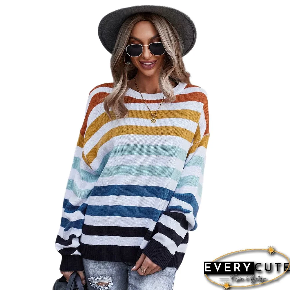 Orange Multicolor Stripes Loose Style Sweater