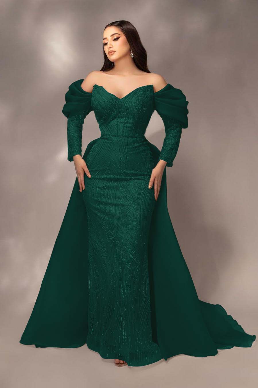 Daisda Glamorous Sequins Off the Shoulder Long Sleeves Mermaid Prom Dress with Pleated