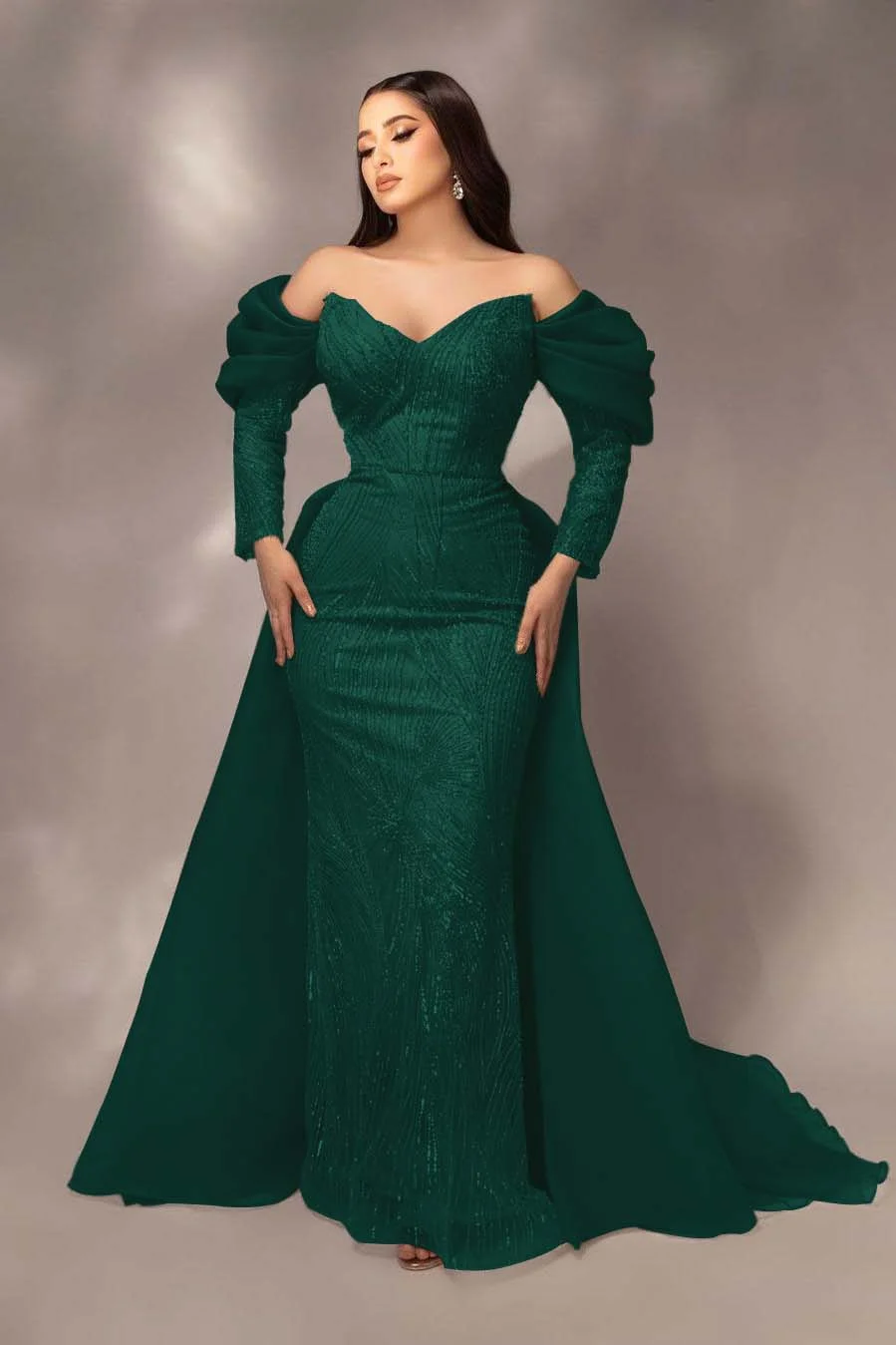 Daisda Glamorous Sequins Off the Shoulder Long Sleeves Mermaid Prom Dress with Pleated