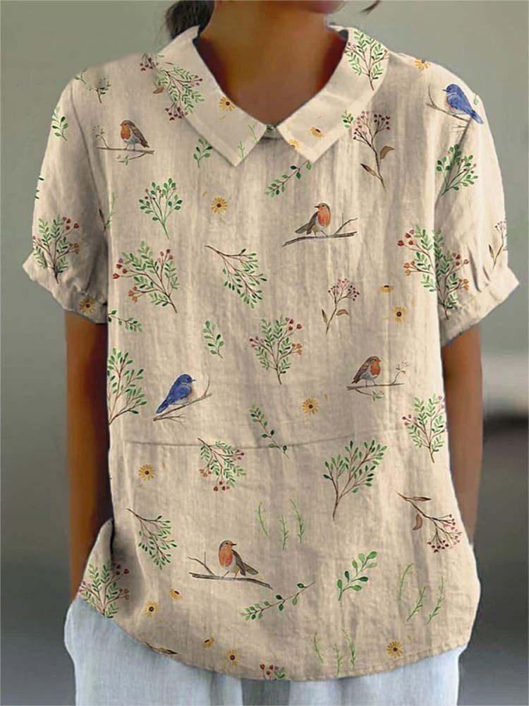 Comstylish Boughs And Robin Birds Pattern Printed Casual Cotton And Linen Shirt