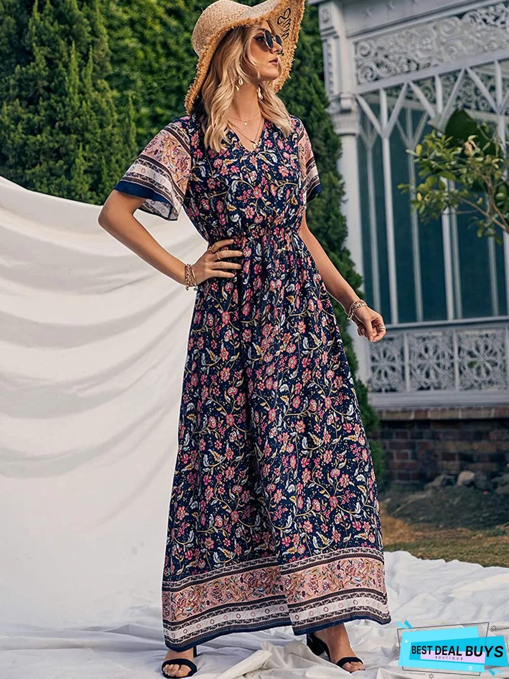 Bohemian Print V-neck Waist Dress Resort Beach Dress
