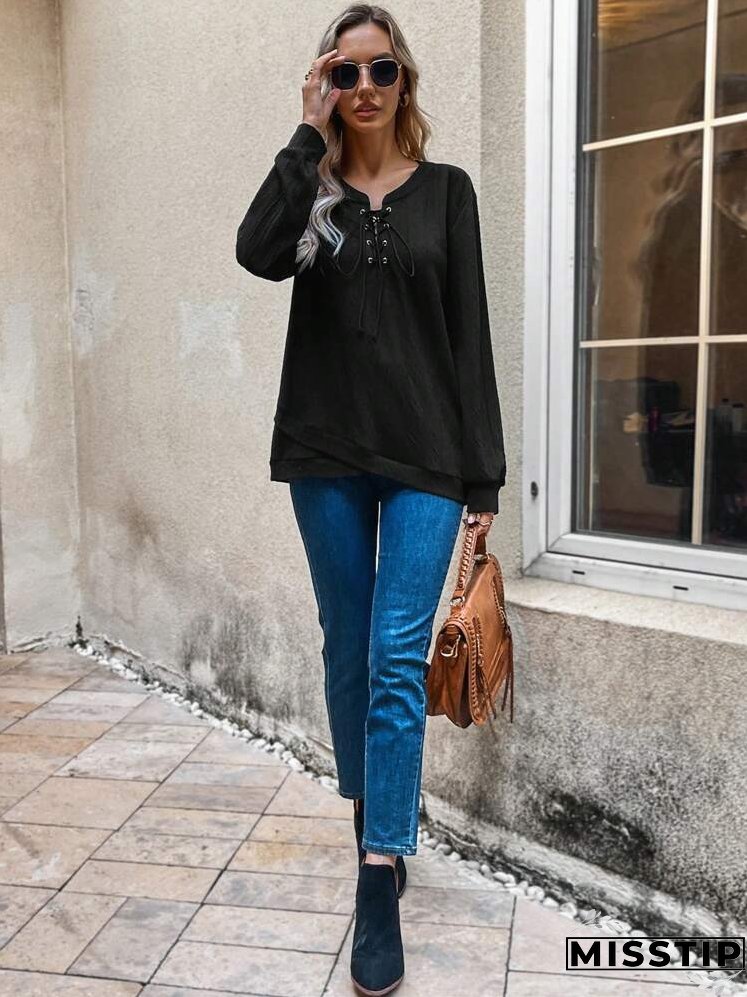 Lace Up Front Drop Shoulder Sweatshirt