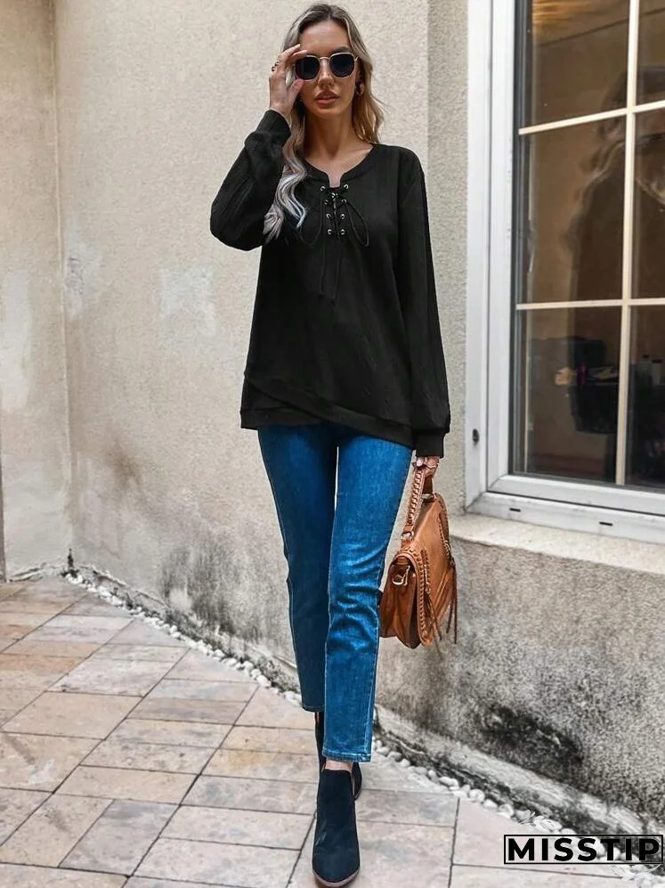 Lace Up Front Drop Shoulder Sweatshirt