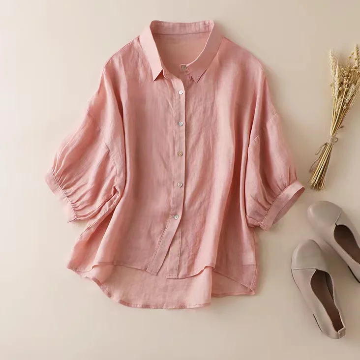 Solid Puff Sleeve Button Up Linen Blouse