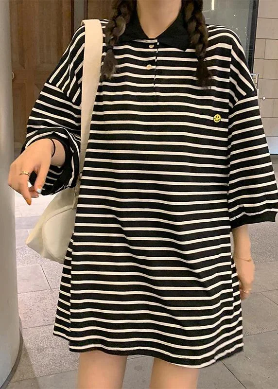 Plus Size Black Striped Cotton Peter Pan Collar Button Summer Mid Dress