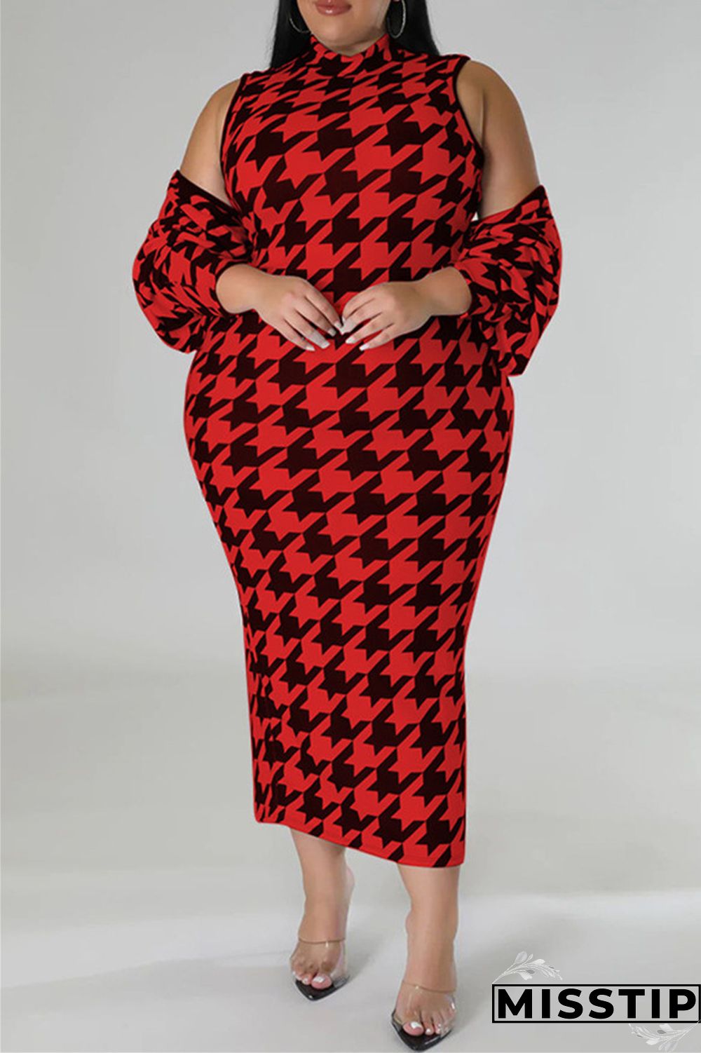 Red Casual Print Basic Half A Turtleneck Sleeveless Dress Plus Size Two Pieces