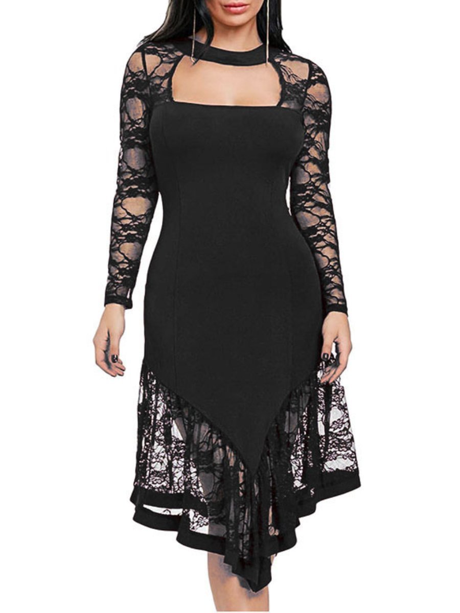 Women's Dress Hollow Neck Long Sleeve Lace Patchwork Slim Plus Size Dress